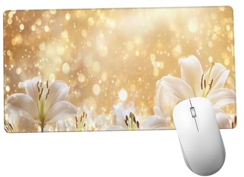 Tapis de Souris Blanc XXL Tapis de Bureau Lys 1400x600x3mm Desk Mat Gaming Lavable Pad pour Ordinateur Portable, avec Base en Caoutchouc Antidérapante Pad pour Gamer, PC, Personnel de Bureaux Y725