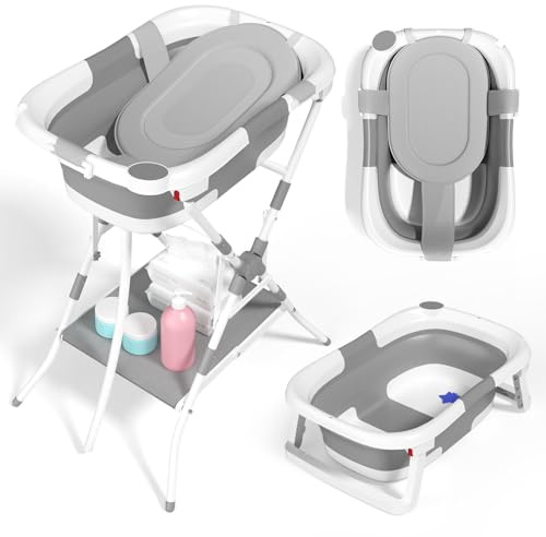 PAMPORPET 3-in-1 Foldable Baby Bath with Stand for Newborns to Toddler, Bath tub with Support, Cushion, Storage pad, Practical Bathtub as Great Baby Shower Gifts for Newborn 0-12 Months
