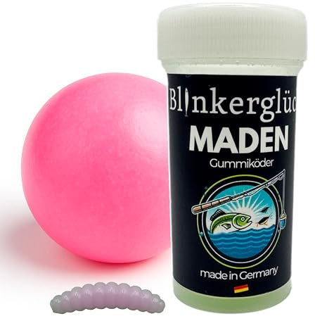 Blinkerglück Angeln Kunstköder-Maden 2cm – 50 Stück in Kunststoffdose mit Kaugummiaroma – Softbait-Köder für Forelle, Karpfen & Co (Bubblegum (UV-Aktiv))
