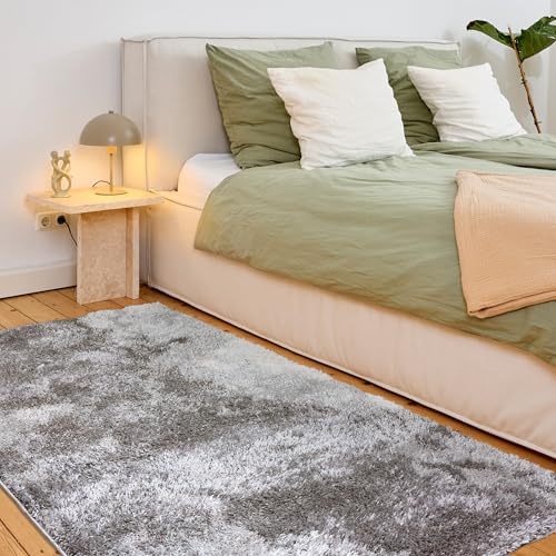 Astra Hochwertiger Teppich Wohnzimmer, Schlafzimmer - Kuscheliger Hochflorteppich weich - Weicher Bodenbelag für Innen - Teppich Marmor Silber, 160 x 230 cm