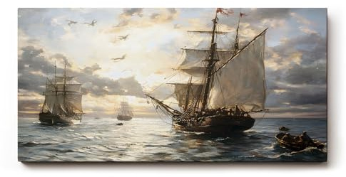 Sinus Art Wandbild 100x50cm Romantische Seeszene mit alten Segelschiffen, Möwen und Abendstimmung auf ruhiger Wasserfläche