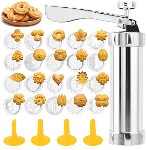 Stainless Steel Cookies Press Gun Manual Churro Maker Machine Churro Maker Kit with 20 Cookie Discs and 4 Piping Tips for DIY cake Makers Decorating Baking Supplies(Silver,Size:16.5x5cm/6.5x1.97inch)