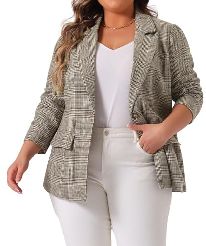 Agnes Orinda Blazer Grande Taille pour Femme Veste à Carreaux à Revers Cranté et Un Bouton pour Travail et Bureau Marron XXL