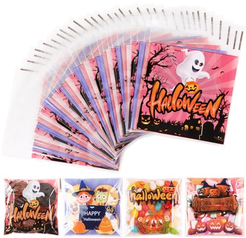 Bigqin 200 Stück Zellophantüten Halloween, 10 x 10 cm kleine Süßigkeiten Tüten Transparent Geschenktüten Plätzchentüten Plastik Verpackungstüten für Halloween Party Süßigkeiten Bonbons Schokolade