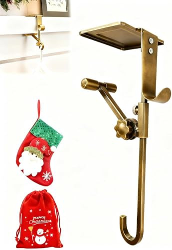 Kamin Strumpf & Girlande Hänger - Mantel Halter mit 2 Haken für die doppelte Verwendung (halten Weihnachtsstrümpfe + hängen Girlande), langlebig Schmiedeeisen, gepolsterte Kontaktpunkte (Golden 1pcs)
