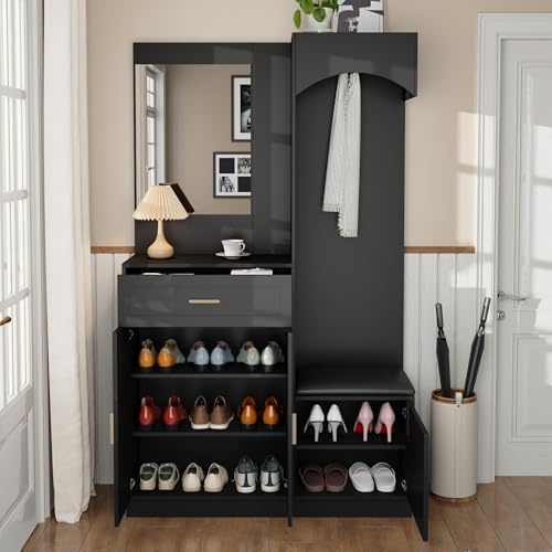 NADEUSAK Armadietti compatti, 110 x 190 cm, combinazione di scarpiera, armadio d'ingresso, scaffale multifunzionale con specchio, Nero