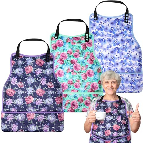 Barklincharm 3 Pack Adult Bibs for Women, Washable Clothing Protector with Upgraded Crumb Catcher, Reusable Large Feeding Bib for Women Elderly Seniors, Rose