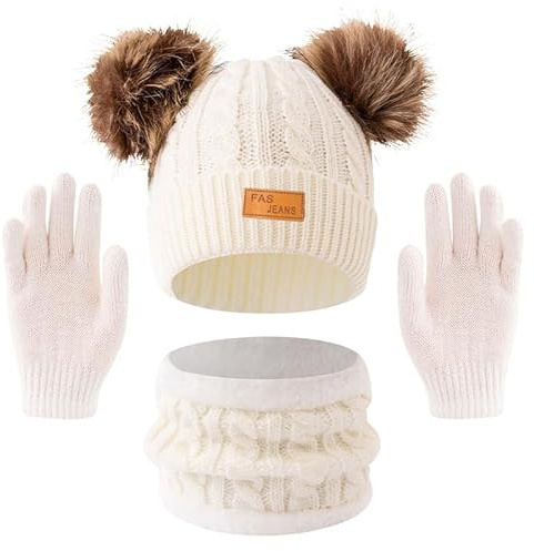 Set de Bufanda Gorro y Guantes, Conjunto de Bufanda Sombrero y Gorro Niño Invierno, Gorros con Pompon Lana NiñoBraga Cuello Polar y guantes de punto cálidos para niño 2-6 Años