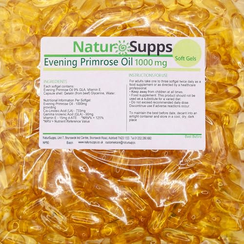 Natur Supps Evening Primrose Oil 1000mg, 365 Capsules, Cold Pressed EPO, Omega 6, GLA, LA, Vitamin E, UK Made