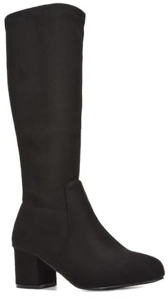 ESSEX GLAM Women's Heeled Long Boots Ladies Low Mid Block Heel Stretch Black Faux Suede Knee High Boots Size 5