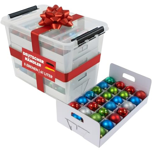 Quality-Collection Weihnachtskugel Box mit transparentem Deckel, 5 Trays, Aufbewahrung für 79 Kugeln, Christbaumkugel Box, Schutz und Sicherheit für Christbaumschmuck und Deko (61 Liter)