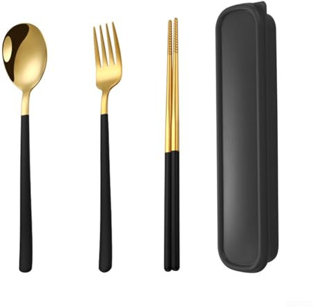 3PCS Portable Cutlery Set with Case,Travel Lunch Silverware Box for 1 Person,Flatware Set for Office Work Lightweight Tableware Easy to Clean(Black gold)