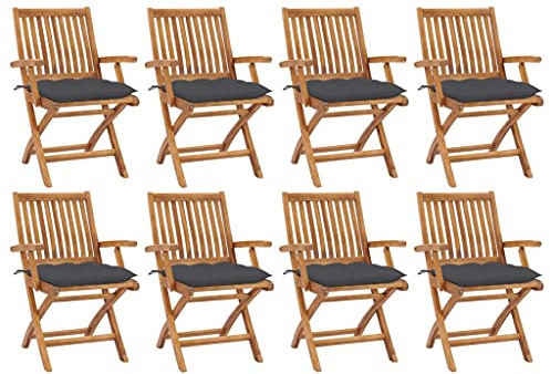 Mokuyary Fällbara trädgårdsstolar med kuddar, set om 8, massivt trä, teak, balkongstol, terrassstolar, matstolar för terrass, trädgård, balkong – A