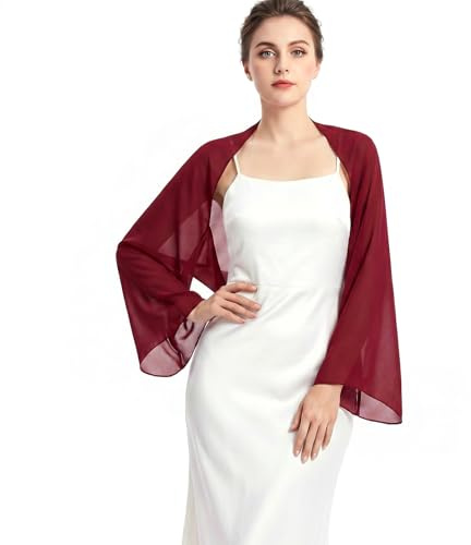 JasGood Stola Damen Festlich Chiffon Schal Sommer Eleganter Schultertuch Leicht Bolero Shrug mit Ärmel Stolan für Abendkleid Brautkleider Hochzeit,Burgunderrot