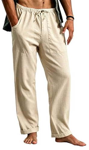 Cegerne Pantaloni in Lino Uomo Lunghi Leggeri, Pantaloni Estivi Casual con Vita Elastica e Coulisse, per Spiaggia Vacanze Medievale Vintage e Uso Quotidiano, Albicocca, M