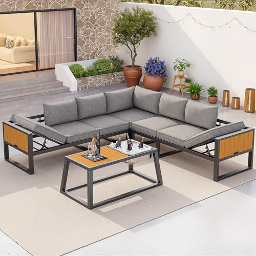 FammyLoft Modulare Gartensofa Set mit Metall-Eisbehälter, Outdoor Sofa mit Verstellbarer Rückenlehne, Gartenlounge Set mit Ausklappbaren Armlehnen, für Terrasse, Balkon und Garten, Grau