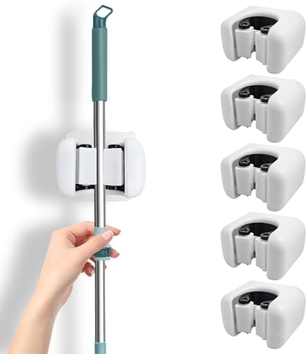 Liravonte 5 Pcs Broom Holder Wall Mounted, Self-Adhesive Mop Holder, Wall Mounted Broom Holder for Kitchen, Bathroom, Garage, Space Saving Tool Organizer