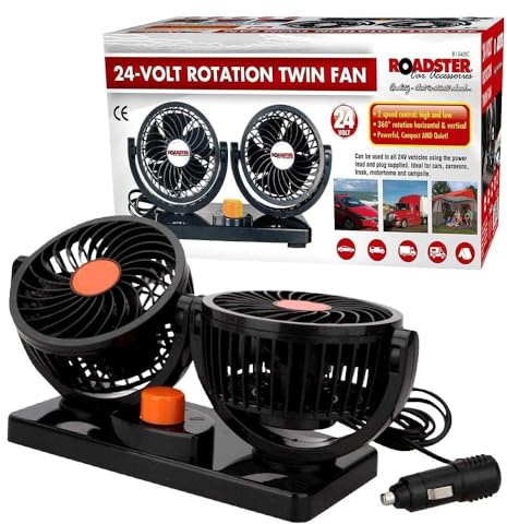 BARGAINS-GALORE 12v Dual Car Fan - Suitable For Trucker, Car, Lorry & Caravans | 360 Rotation, Windscreen, Cool, Volt 2 Speed Twin Fan | Summer, Heatwave, Travel | Rotating & Adjustable