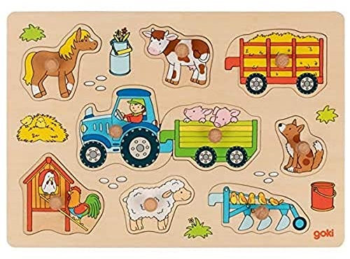 goki 57468 - Steckpuzzle Traktor mit Anhängern aus Holz - 9 Teile