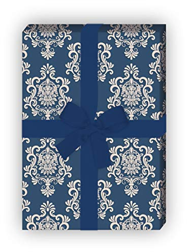 Edles vintage Geschenkpapier mit üppigem Damast Muster, blau, für schöne Geschenk Verpackung zum Einpacken 32 x 48cm, 4 Bögen für Geburtstage, Hochzeit, Weihnachtsgeschenke, Dekorpapier