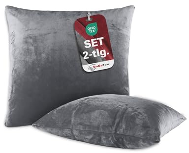 BaSaTex Plüsch Kissenbezug im Doppelpack | Cashmere Touch Kopfkissenbezug | Fleece Sofakissen Couchkissen | 100% Mikrofaser | 2X 50x50 cm | Anthrazit