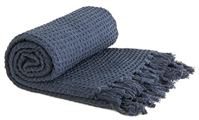Emma Barclay Honeycomb - Recycled Cotton Plain Waffle Textured Chair Sofa Setee Throw Over Blanket in Navy Blue - 50x60 (127x152cm)