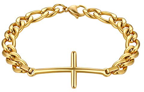 Flongo Rosenkranz Herren Armband Damen Armkette Kette Armreif Silber Gold Golden mit Kreuz