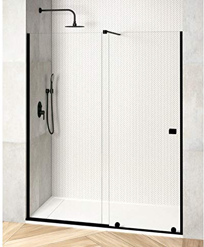 Mampara de Ducha Moderna FRONTAL CORREDERA Málaga Negro – Fijo y puerta Corredera TRANSPARENTE – Cristal Templado 200cm Altura - Tratamiento ANTICAL y 8mm de espesor - Negro, 170 cm