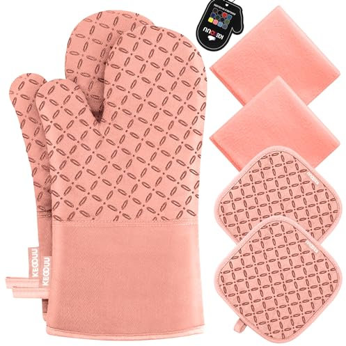 KEGOUU Ofenhandschuhe und Topflappen, 6-teiliges Set, Küchen-Ofenhandschuh, hohe Hitzebeständigkeit, extra lange Ofenhandschuhe und Topflappen, mit rutschfester Silikon-Oberfläche zum Kochen (Rosa)
