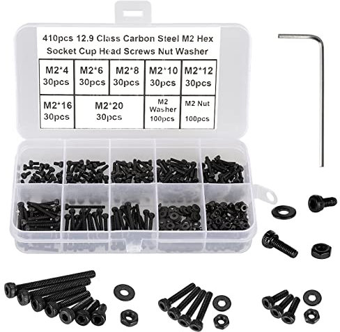FandWay 410 Stück M2 Schrauben Set,Zylinderschrauben mit Innensechskant Sechskopf-Knopf Gewindeschrauben Schwarz Sechskantschrauben Maschinenschrauben Muttern und Unterlegscheiben Sortiment.
