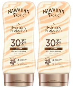 Hawaiian Tropic Hydrating Protection SPF 30 - Loción Solar Protectora con Cintas de Seda Hidratantes, Resistente al Agua hasta 12 Horas, Crema 180 ml (Individual)