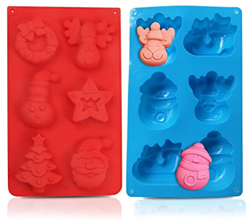 HONGECB Natalizi Stampo in Silicone, Stampi in Silicone con Motivi Natalizi, a Forma di Pupazzo di Neve, Renna, Slitta, Babbo Natale, per Sapone cioccolatini e Cupcake, 2 Pezzi