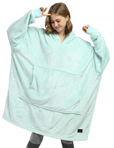 Catalonia Classy Übergroße Fleece Hoodie Decke Aqua, Warme Großes Kapuzendecke Tragbare Decke zum Anziehen, Flauschige Kapuzenpulli Decke mit Ärmeln und Kapuze als Geschenkidee für Damen und Herren