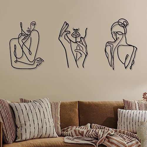 Photect 3 Stück Metall-Wandkunst, minimalistisch, abstrakte Frau, Wandkunst, Metall, moderne Linienzeichnung, Dekoration, weiblich, einzeilig, zum Aufhängen für Schlafzimmer, Badezimmer, Wohnzimmer | Minimalistische Wanddekoration, einreihige Silhouette, Schlafzimmer, Wohnzimmer, Badezimmer, modernes Einweihungsgeschenk