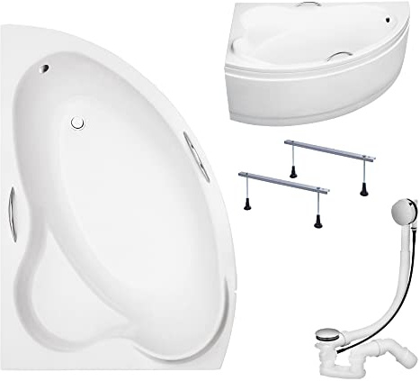 KOLMAN Badewanne ADA Eckbadewanne 160x100 Links mit AcrylSchürze, Ablaufgarnitur und Füßen Komplettset 4in1 Premium Original Acryl Wanne Siphon