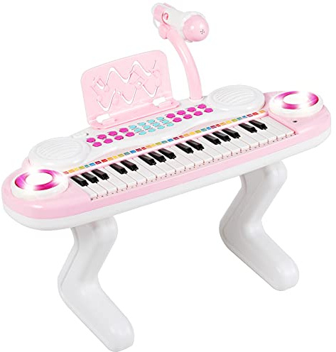 GOPLUS Piano infantil de 37 teclas, teclado infantil con micrófono y atril para partituras, piano de juguete con luz, función de grabación y reproducción, 8 tonos y 8 ritmos (rosa)