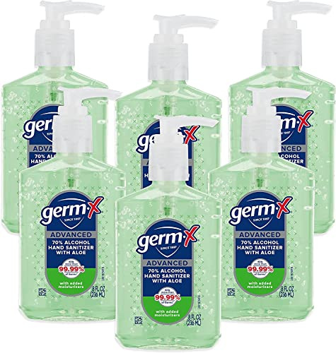 Germ-X Advanced Hand Sanitizer with Aloe and Vitamin E, 8 Fl Oz (Pack of 6), Less Drying Moisturizing Gel, No Rinse Formula, Pump Bottle