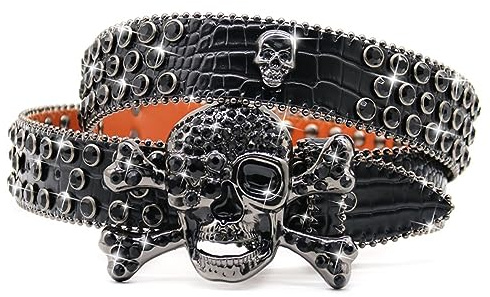 EVERBLTING Strass-Schädelgürtel für Herren und Damen, Totenkopf-Gürtel, Nieten, Punk, Y2K, Western-Cowgirl-Gürtel, Schwarz, 125: fits waist from 38-42