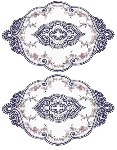 sourcing map 2er Pack Retro Spitzenplatzdeckchen 30x44 cm ovale bestickte Tischsets französische Häkeldeckchen Untersetzer Tassenmatte für Zuhause und Hochzeit, Marineblau