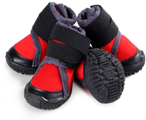 FANSU Hundeschuhe 4 Stück Hundeschuhe Pfotenschutz Hunde Schuhe Laufen Hundeschuhe Winter, Schuhe für Hunde mit Rutschfester Sohle, Schuhe Hund für Kleine Mittlere Hunde (90,Rot)