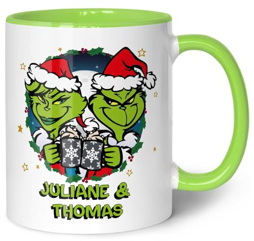 GRAVURZEILE Bedruckte Weihnachtstasse - Grinch Paar - Personalisiert mit Name - Spülmaschinenfest & Mikrowelle geeignet - Weihnachtstasse als Geschenk für Sie & Ihn zu Weihnachten - Hellgrün