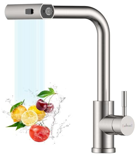 APPASO Waterfall Kitchen Tap, Waterfall Mixer Tap with Pull Out Spray, Sink Taps with 3 Functions, 360° Swivel Single Handle, Kitchen Faucet 1 Hole Stainless Steel Brushed