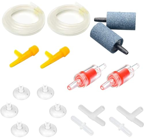 Air Luftpumpe Zubehör Set für Fische Tank, 4M Aquarium Silikon Luftleitungsschlauch, mit Rückschlagventile, Luftsteine, Saugnapf-Clips, Steckverbinder, 18pcs