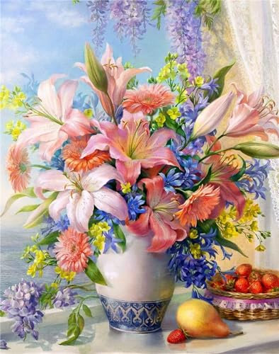 Aimaor Malen Nach Zahlen Erwachsene,Rosa Lilie Paint by Numbers Adult Bastelset Malen-Nach-Zahlen Kinder Anfänger Leinwand Kreativ Set DIY Set Malen nach Zahlen 45x60cm
