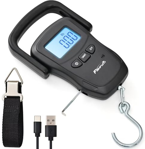 Fishfun Bilancia per pesce ricaricabile, bilancia digitale da appendere, con manico grande e metro a nastro, per pesca, caccia, attività all'aperto, fattoria, 50 kg