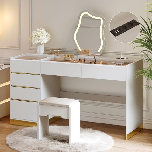 Homary Schminktisch mit Spiegel und LED-Beleuchtung, Frisiertisch Weiß mit Hocker, USB-Ladestation, 6 Schubladen, gehärteter Glasplatte und Schmuckaufbewahrung, Kosmetiktisch fürs Schlafzimmer