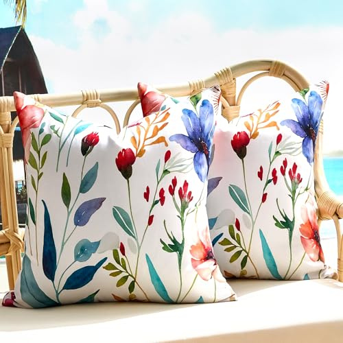 KWLET Fodera per Cuscino da Giardino Impermeabile, 45x45 cm, Set di 2 Fodere per Cuscini Quadrate Arredamento per La Casa Primaverile/Estiva, Blu E Arancione con Fiori E Foglie per Divano
