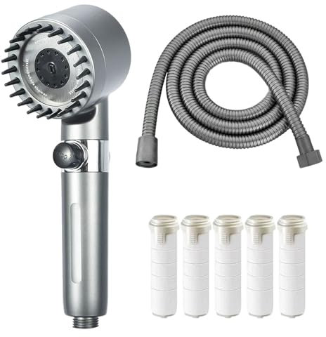 Trissano Duschkopf, Hydro Sense Trissano Hydrosense Duschkopf mit Ersatzfilter und Schlauch (Silbergrau + 5 Filter + Schlauch (1,5 meter))