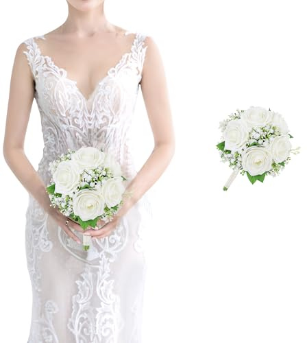 SEMONONIA Small Bridesmaid Bouquet for Wedding - Pre-Made Artificial Flower Bouquet for Bridesmaid Silk Rose Babys Breath Bridal Bouquets for Vintage Country Boho Wedding Decorations -7 inch