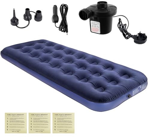 Homvvi Single Air Bed, Quick Inflatable Flocked Air Mattress - Lightweight Inflatable Mattress with AC Electric Air Pump, Thickened Comfortable Blow Up Mattress for Camping, Caravan, Guest Bed